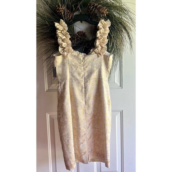 London Times  Ivory & Gold Shimmery Print Sleeveless Dress Ruffled Neckl… - Picture 8 of 14